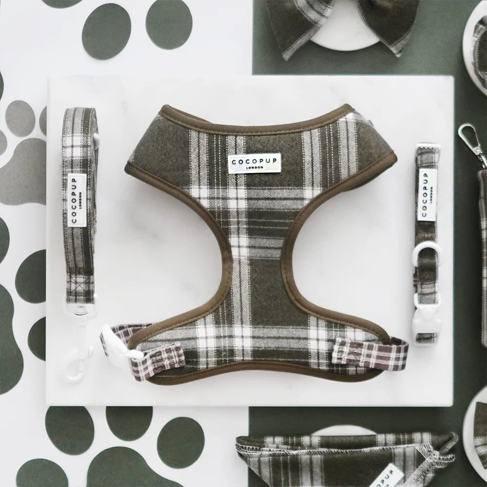 COCOPUP OLIVE CHECK ADJUSTABLE NECK HARNESS